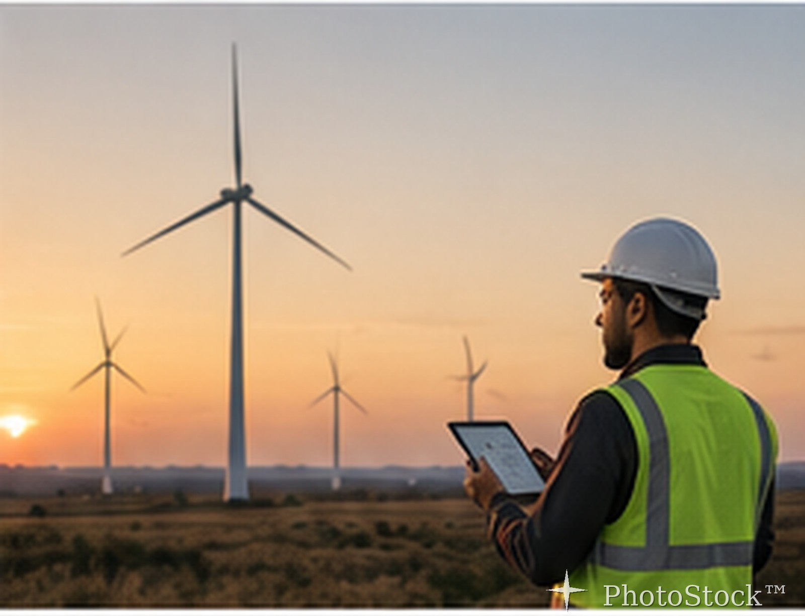 Wind farm technician performing a digital inspection