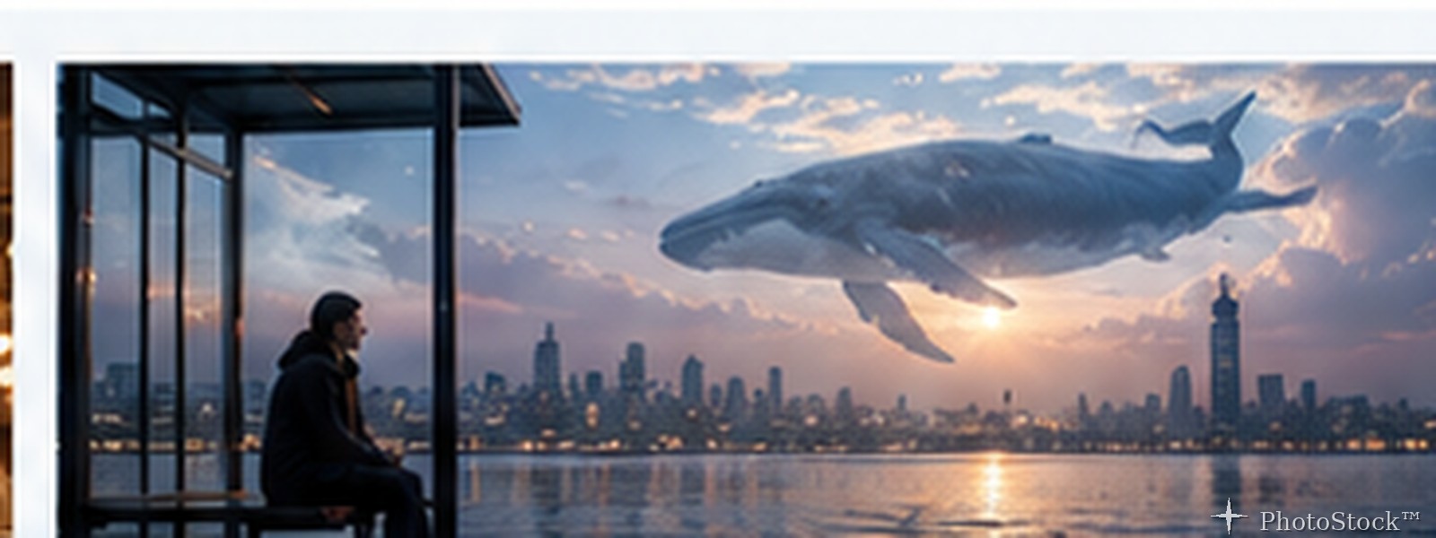 Whale moving through the city sky