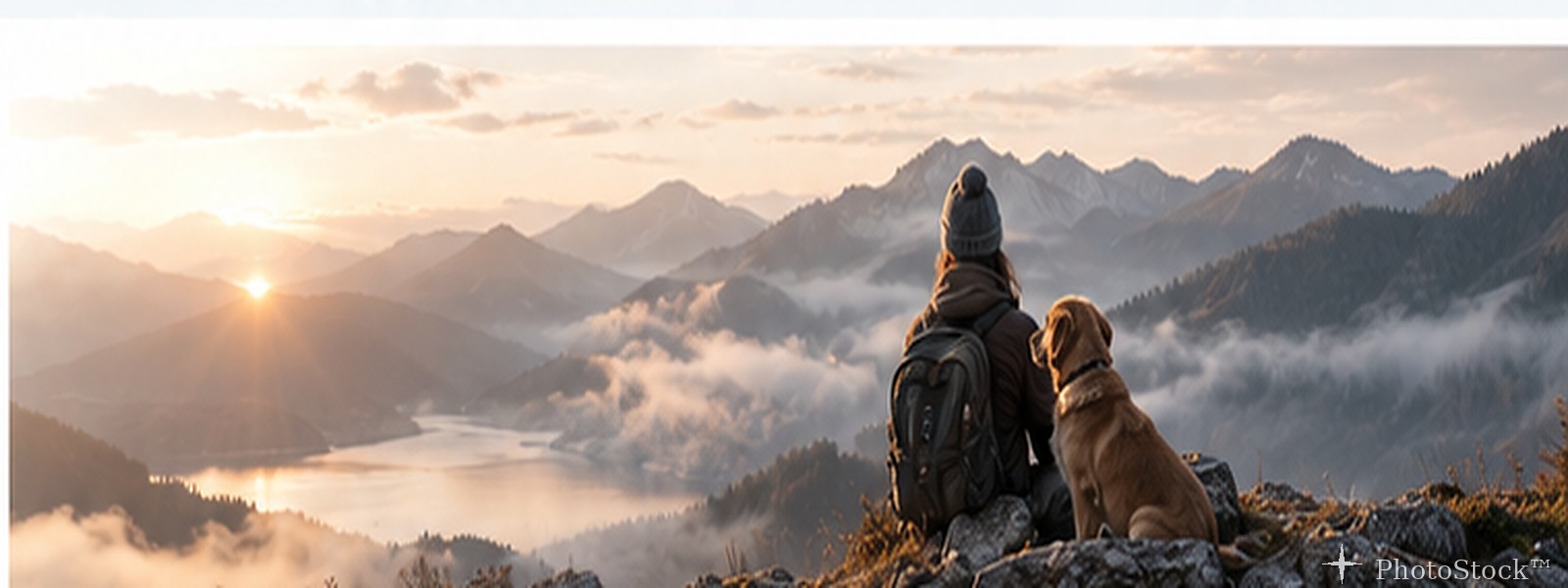 Hiker and dog overlooking a mountain valley
