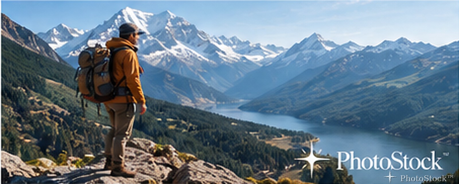 Mountain hiker overlooking an alpine lake
